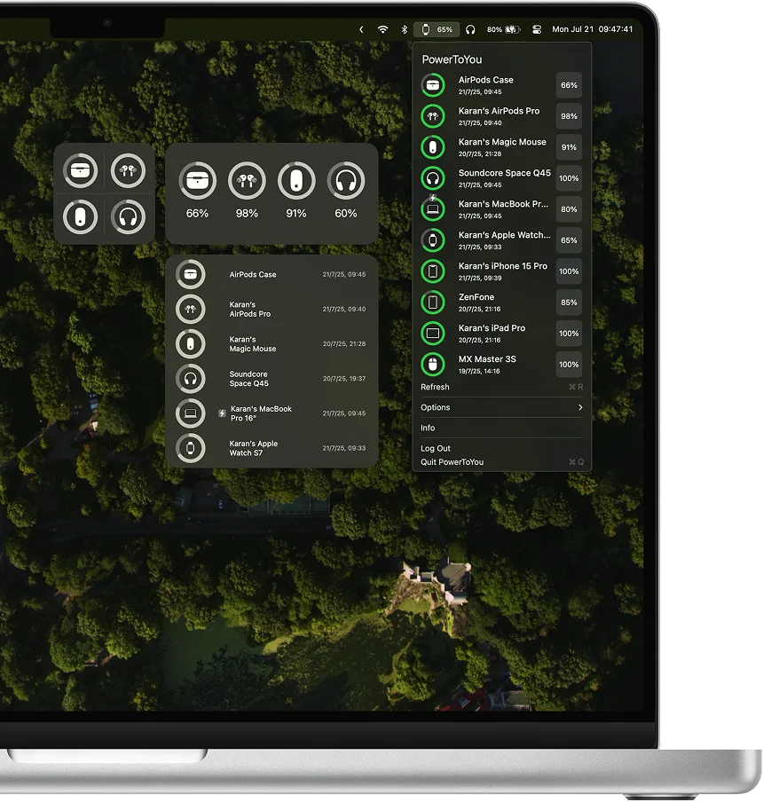 PowerToYou menu bar app and widgets running on macOS